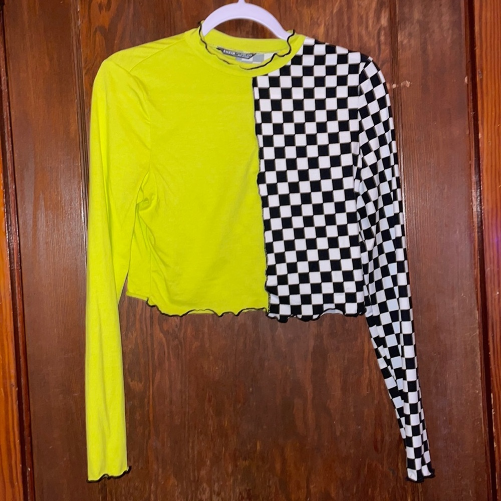 Lime green crop top with black and white checks